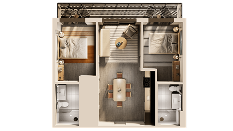 a 3d floor plan of a hotel room